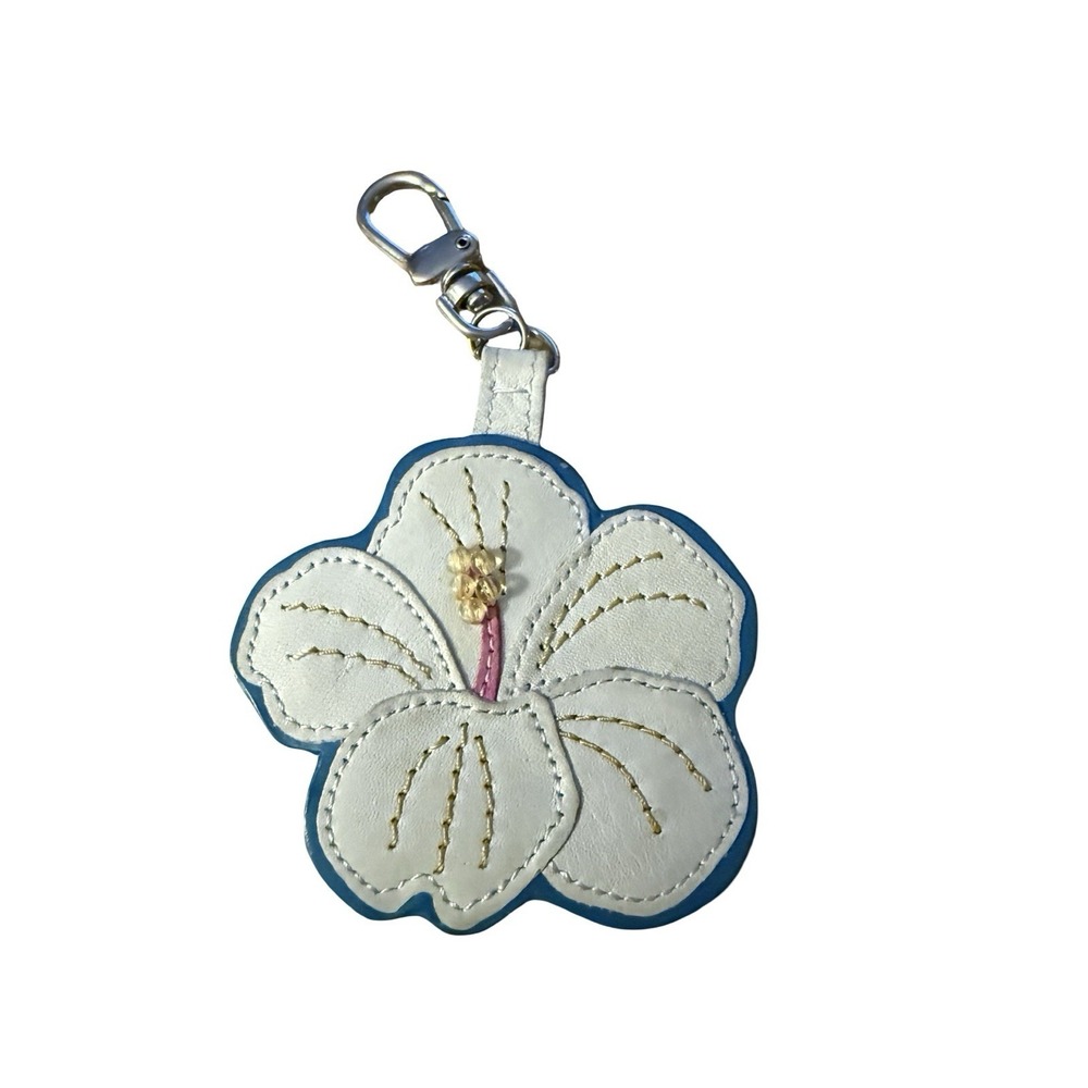 FOSSIL white blu Leather Hibiscus Flower Brass Ring Key Ring Bag Purse Charm Tag